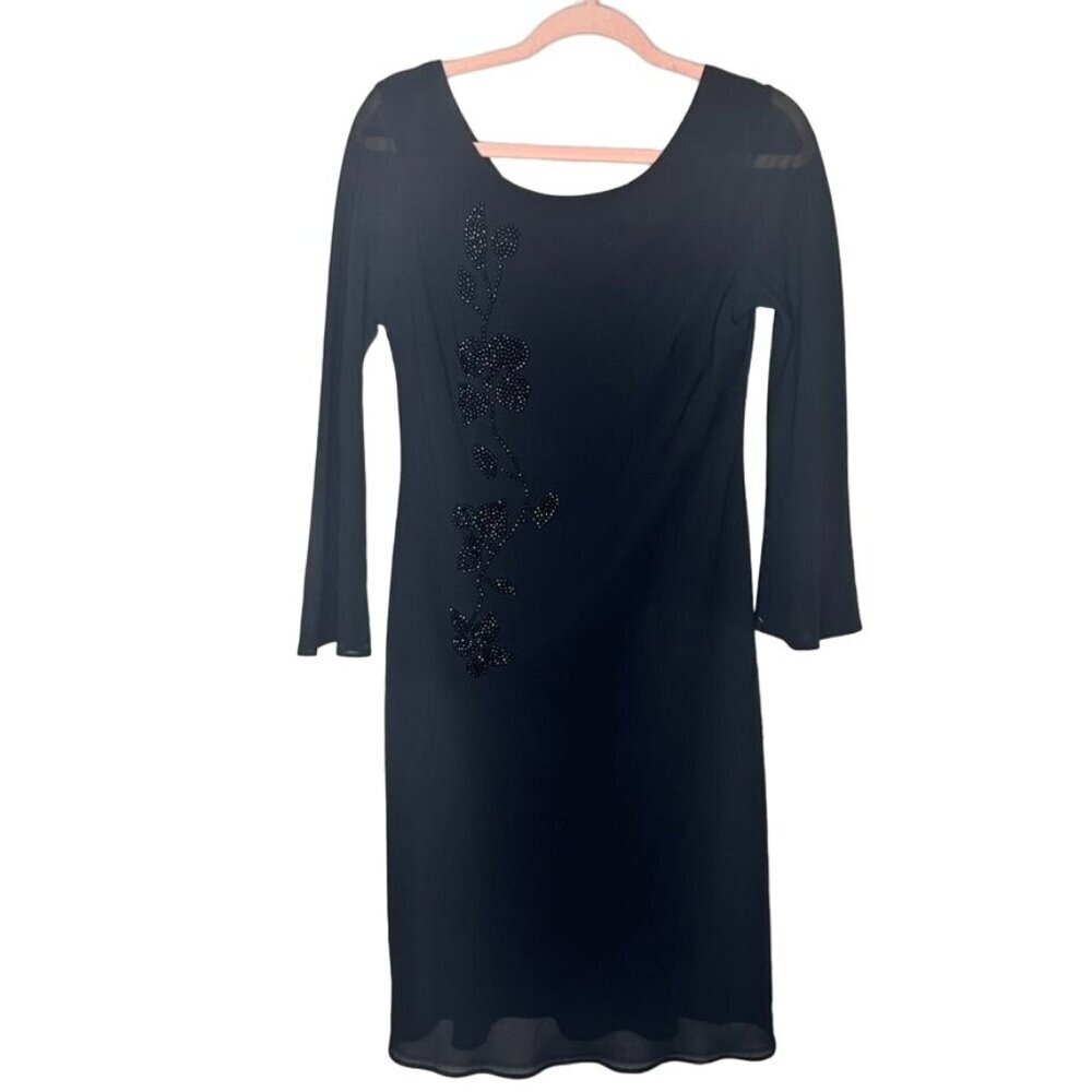 Robbie Bee 10P Black Dress W/ Beaded Floral Design Whimsigoth Classic Sheer Bell